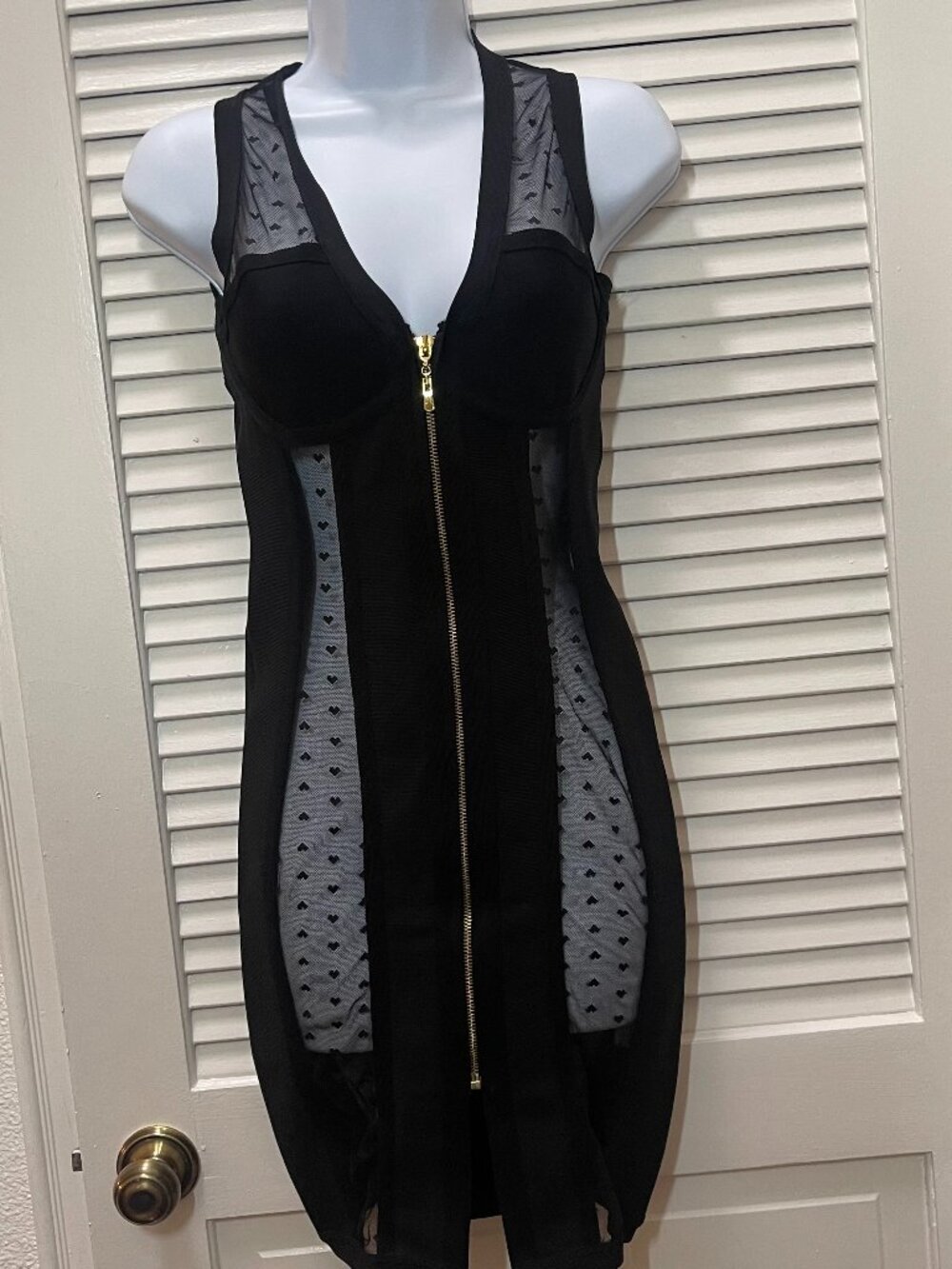 Black Mesh Panel Bodycon Dress Size S Zip Front